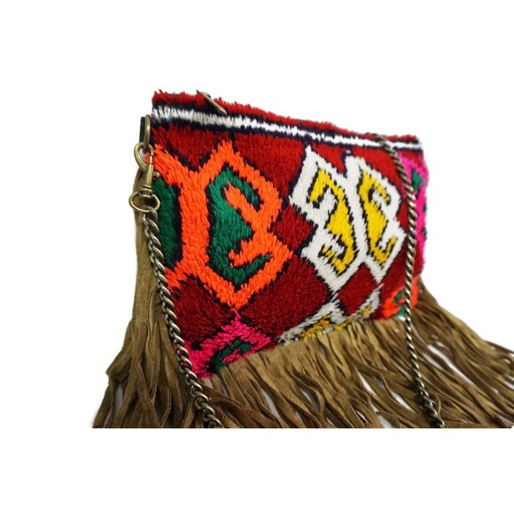 Moroccan Vintage Bag Suede Leather Fringe Clutch Kilim Rug - Picture 7 of 9